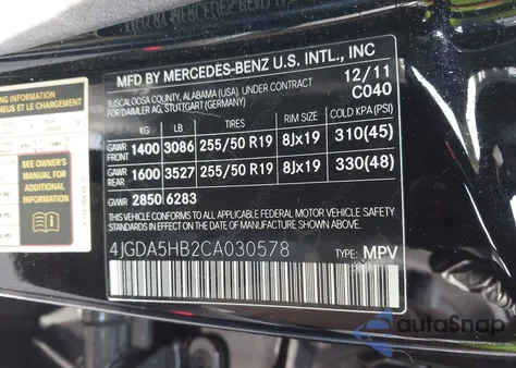 2012 Mercedes-Benz Ml 350 4Matic из США, поврежденный, VIN 4JGDA5HB2CA030578